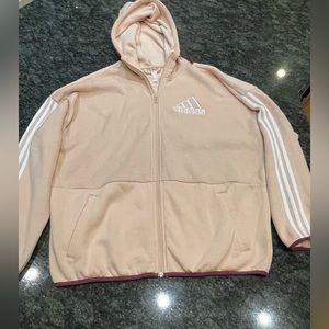✅Adidas size L light tan soft fleece zip hoodie. White embroidery on both sides!
